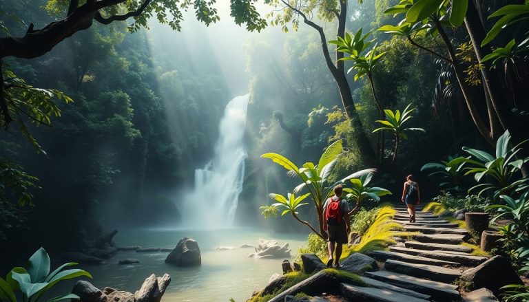 A photorealistic widescreen image of a small group hiking through Tobago s lush Main Ridge Forest