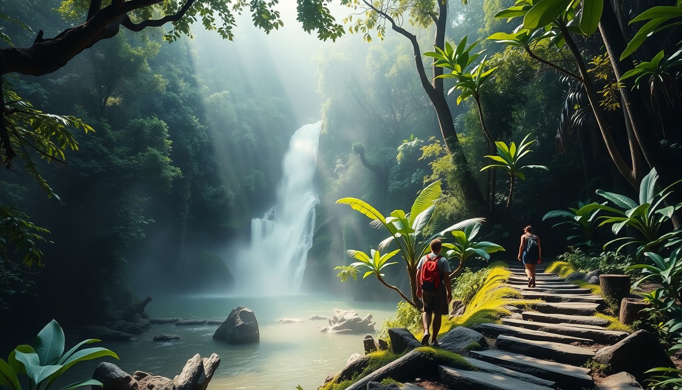 A photorealistic widescreen image of a small group hiking through Tobago s lush Main Ridge Forest