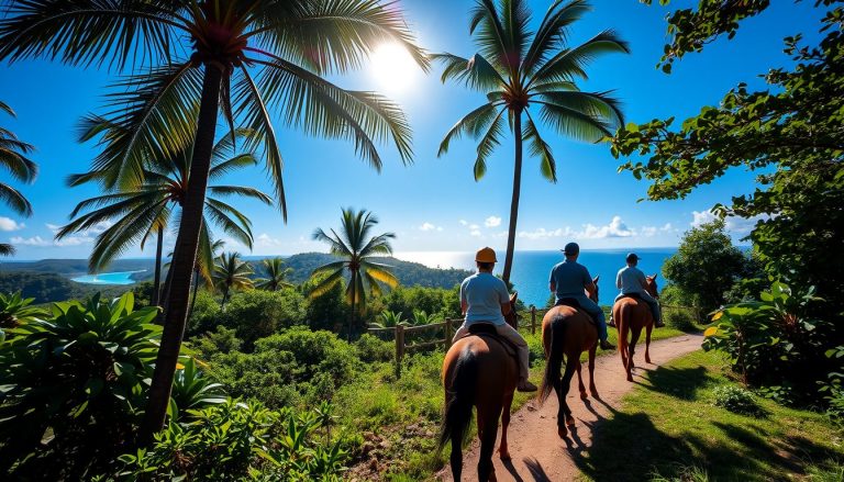 A photorealistic widescreen image of a small group of riders on horseback following a peaceful trail
