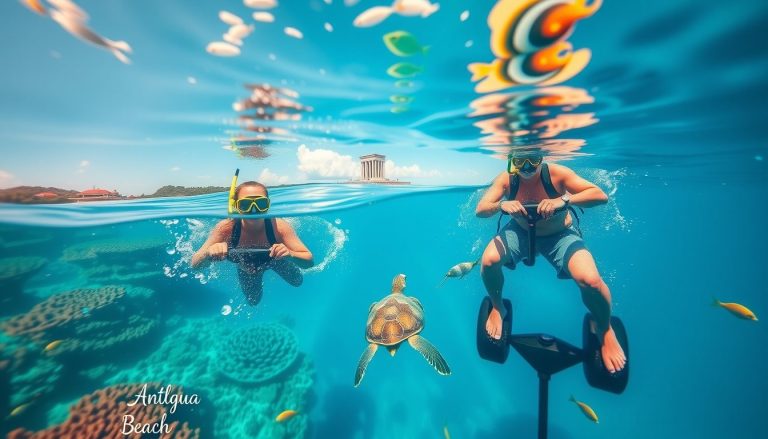 A photorealistic widescreen image of two snorkelers using underwater sea scooters in the clear blue water