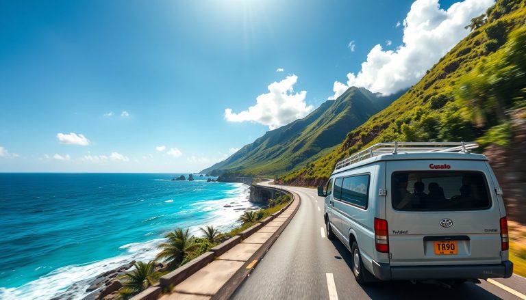 A photorealistic widescreen image showing a guided tour van driving along Tobago s scenic coastal roads