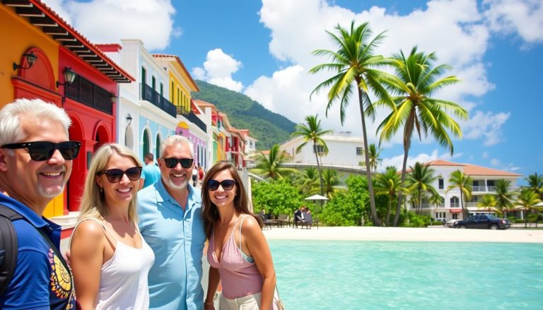 A small group of cruise guests exploring colorful colonial streets and Umbrella Street in Puerto Plata