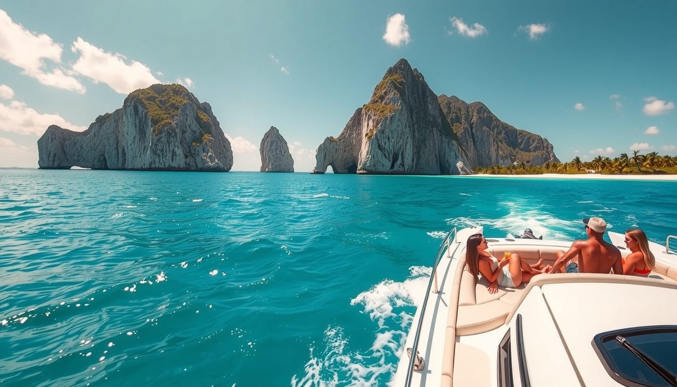 A wide angle photorealistic image of a sleek powerboat skimming across turquoise Caribbean waters