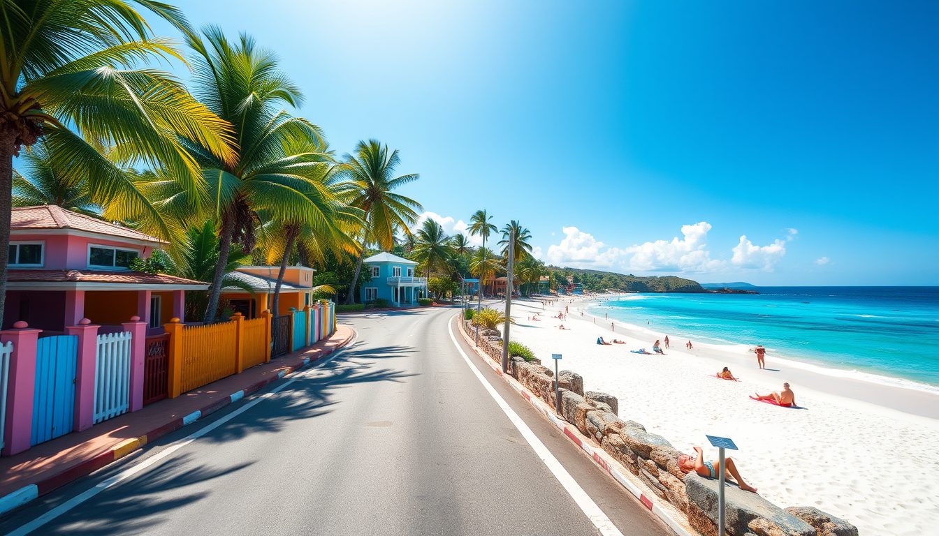 A wide angle photorealistic image of a vibrant coastal road lined with palm trees and colorful Caribbean houses