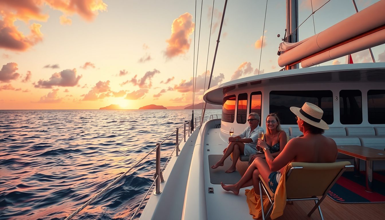 A widescreen photorealistic image of a luxury catamaran sailing away from Margaritaville St Thomas