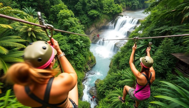 Adventurous cruise guests ziplining over a lush Dominican rainforest canopy followed by a guided hike