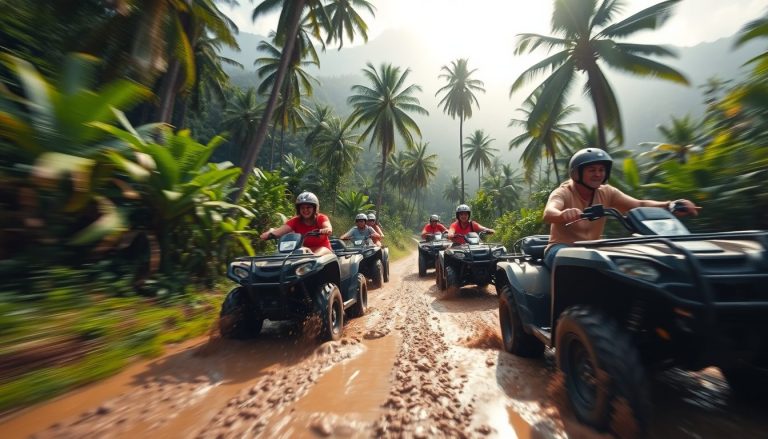 Group of cruise passengers riding ATVs through a muddy trail surrounded by tropical forest in Puerto Plata