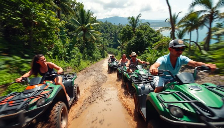 Group of cruise travelers riding ATVs through a lush Dominican trail near Puerto Plata muddy trails