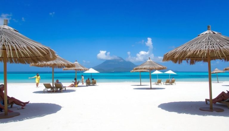 Guests lounging under umbrellas on the powdery white sands of Pinney s Beach crystal clear turquoise water