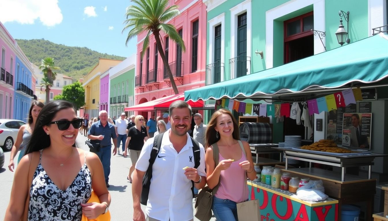 Guests walking through colorful Basseterre streets smiling and sampling local street food