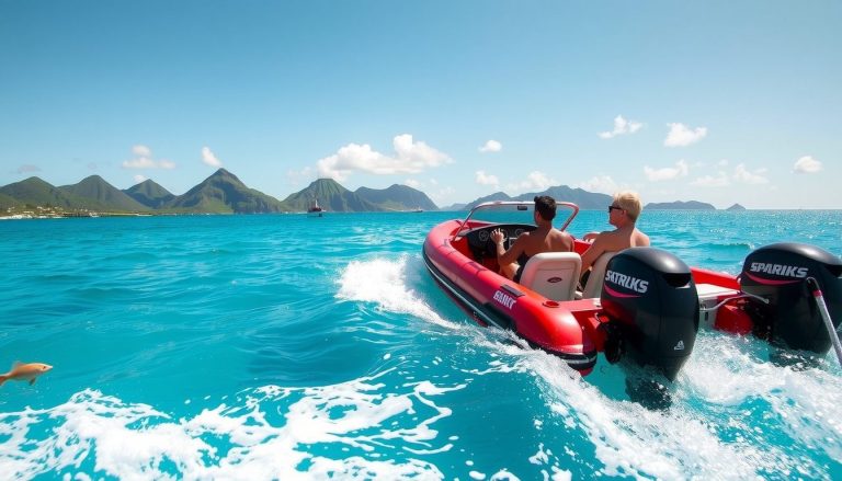 Mini speedboats gliding over crystal clear turquoise waters along the coastline of St Kitts