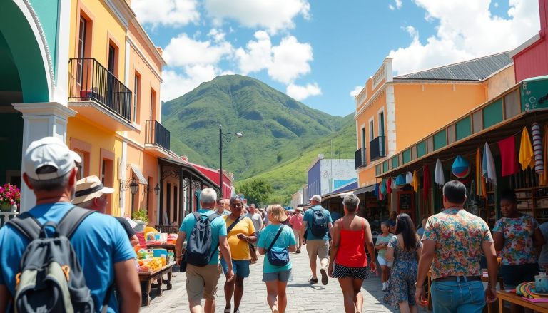 Small group of travelers walking through a colorful St Kitts village interacting with local artisans