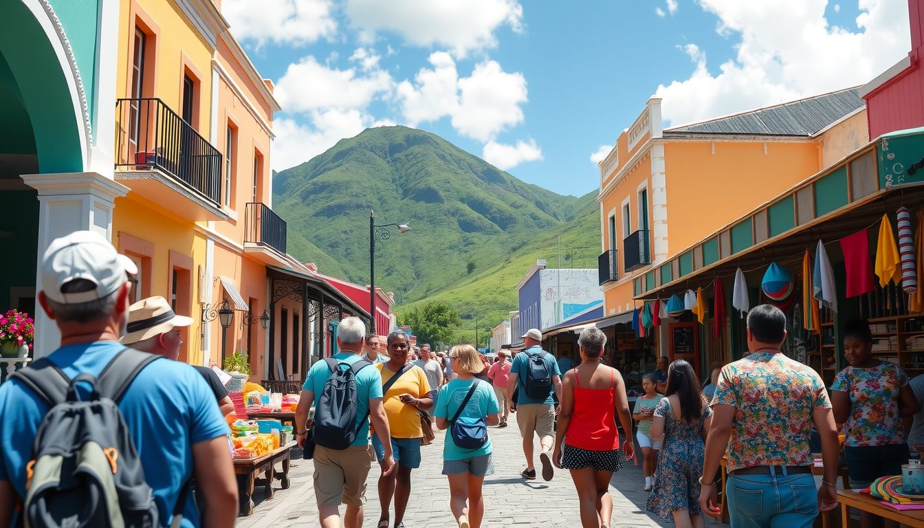 Small group of travelers walking through a colorful St Kitts village interacting with local artisans