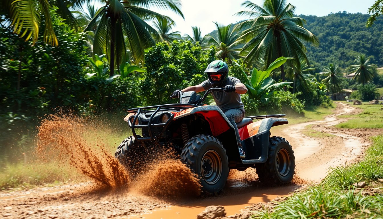 Solo rider on a four wheel ATV speeding through a muddy countryside trail near Amber Cove