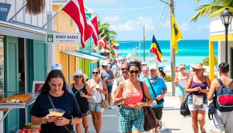 Tourists strolling through colorful streets of Bimini sampling fresh conch fritters and seafood