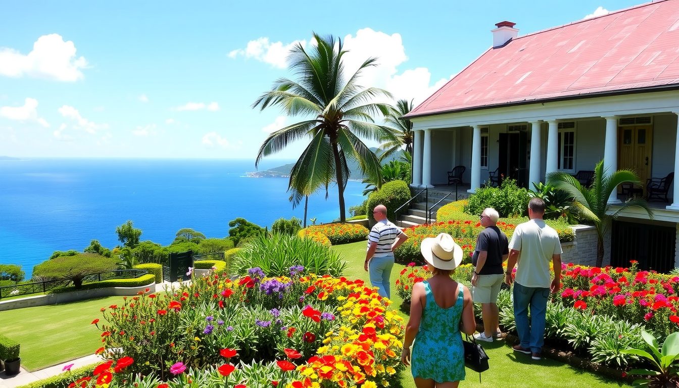 Visitors exploring the lush gardens and colorful batik workshop at Romney Manor in St Kitts with bright flowers
