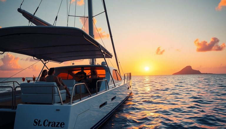 a luxury catamaran gliding across calm Caribbean waters at sunset off the coast of St Croix The golden orange sun dips toward the horizon