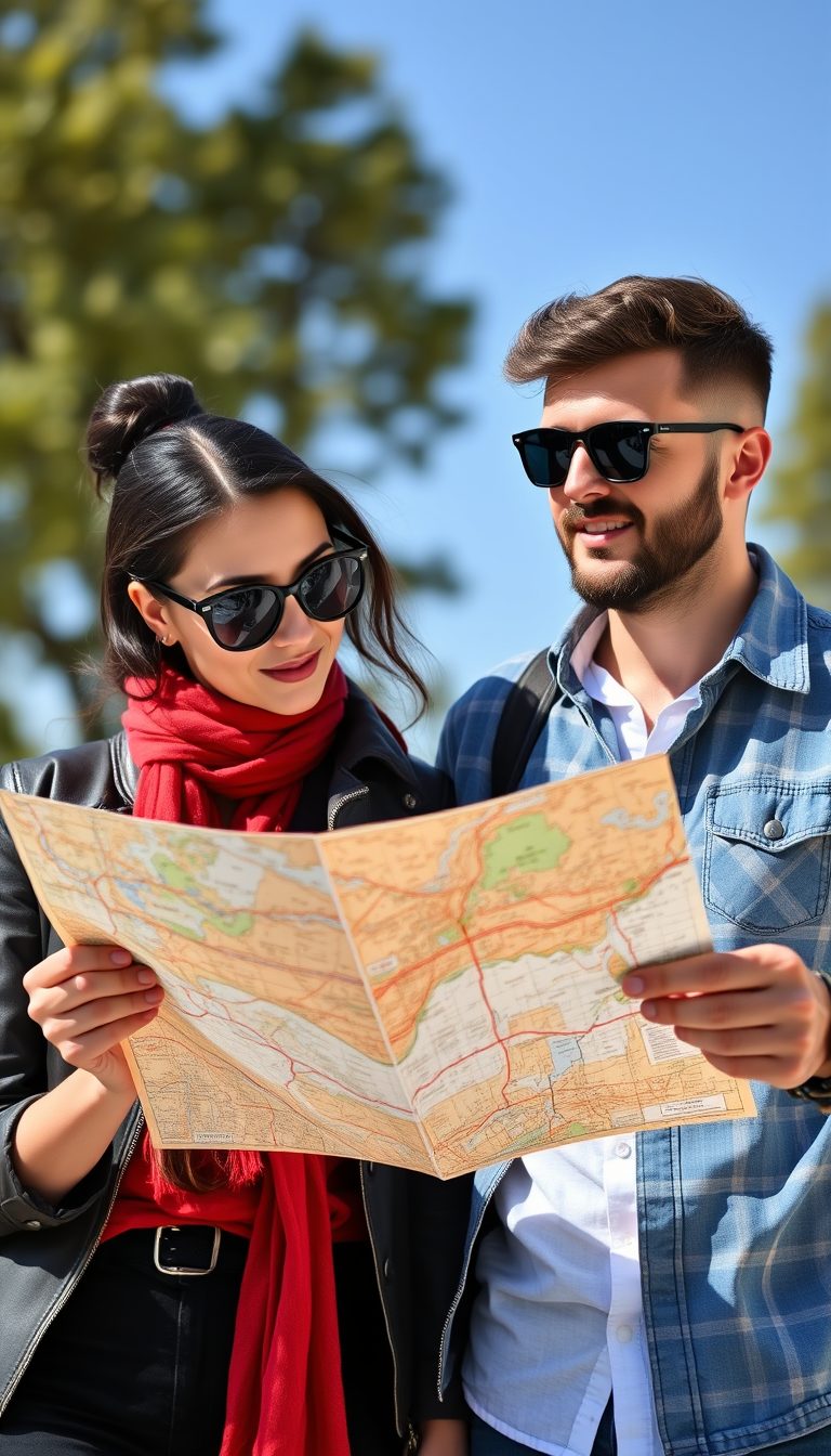 attractive couple with sunglasses is holding a map trying to decide which direction to go