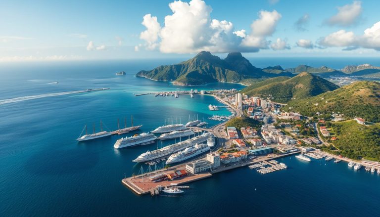 create a prompt for a photorealistic image of an arial view of the port st kitts