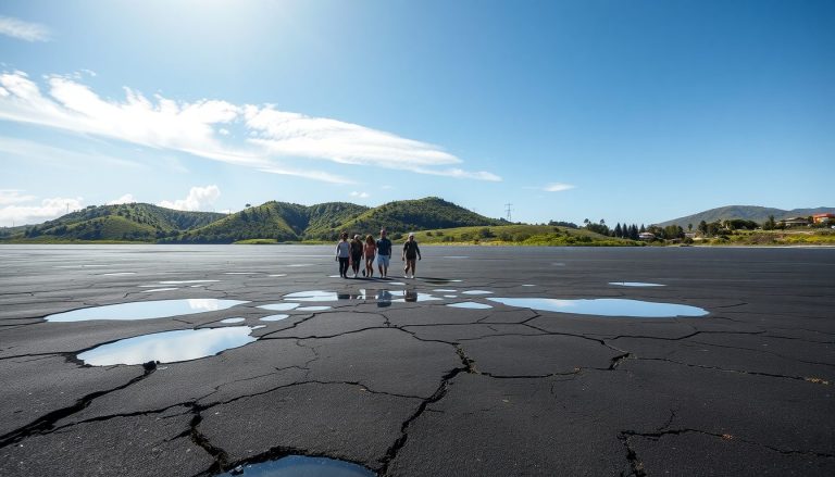 image of La Brea Pitch Lake under a bright tropical sky The dark, cracked asphalt surface is dotted with shallow reflective pools
