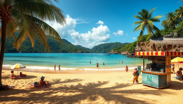 image of Maracas Bay with soft golden sand turquoise waters and gentle waves Tourists lounge under palm trees