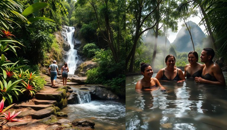 image of a small group hiking along a tropical rainforest trail in Soufrière surrounded by lush greenery and colorful tropical plants