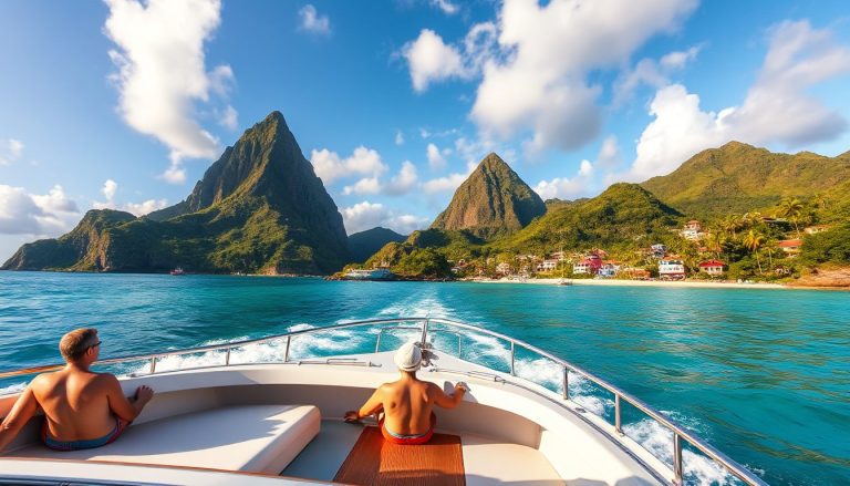 private boat gliding along the west coast of Saint Lucia, with the iconic Pitons rising in the distance