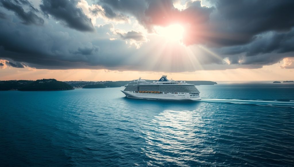 Cruise ship sailing peacefully after a hurricane, representing successful travel insurance claims and traveler reassurance.