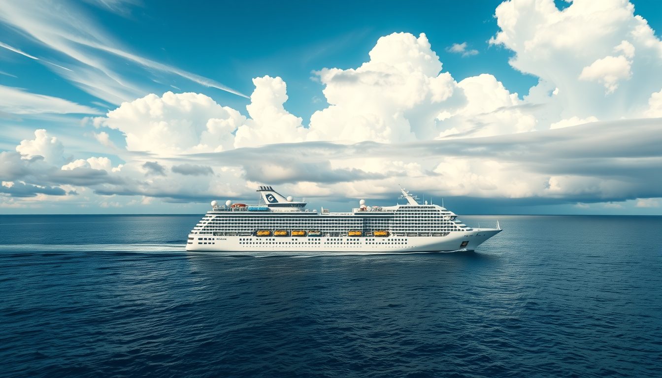 Photo-realistic cruise ship sailing safely during hurricane season with storm clouds ahead