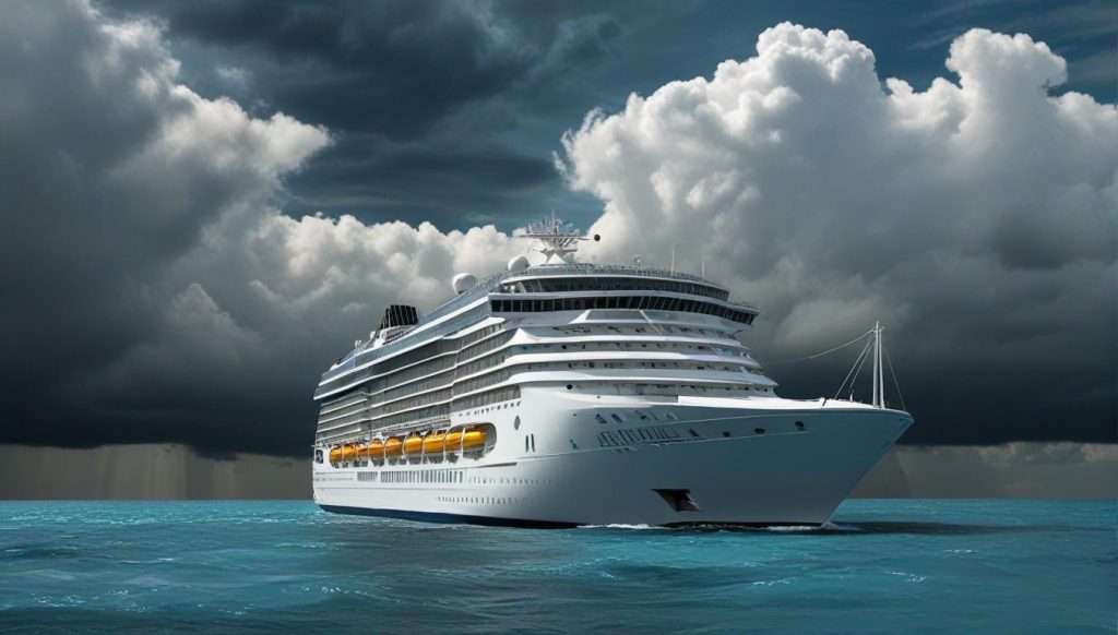 Safe cruising during hurricane season with calm ocean and storm clouds forming on horizon