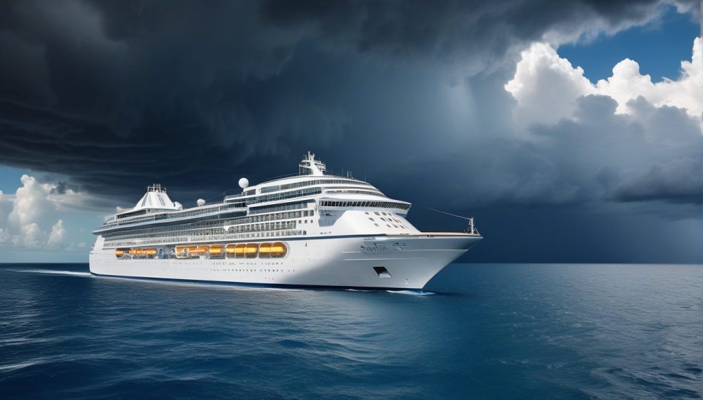 Photo-realistic image of cruise ship avoiding storms with calm seas and advanced monitoring