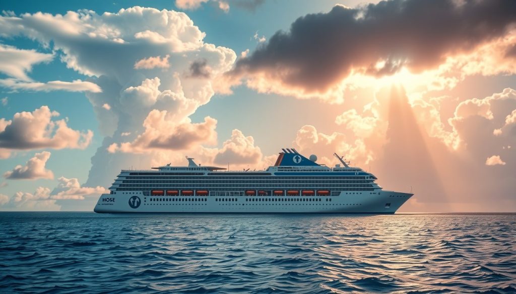 Cruise ship sailing calmly after a hurricane, representing travel protection and peace of mind.