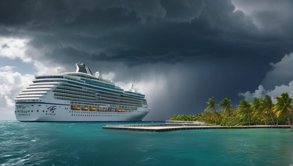 cruise ship at Caribbean port with storm clouds in the distance during hurricane season