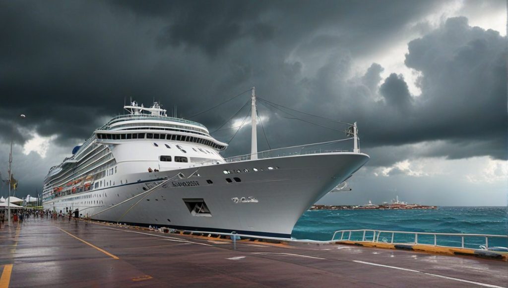 Safe cruise docking during hurricane season with storm clouds forming on the horizon