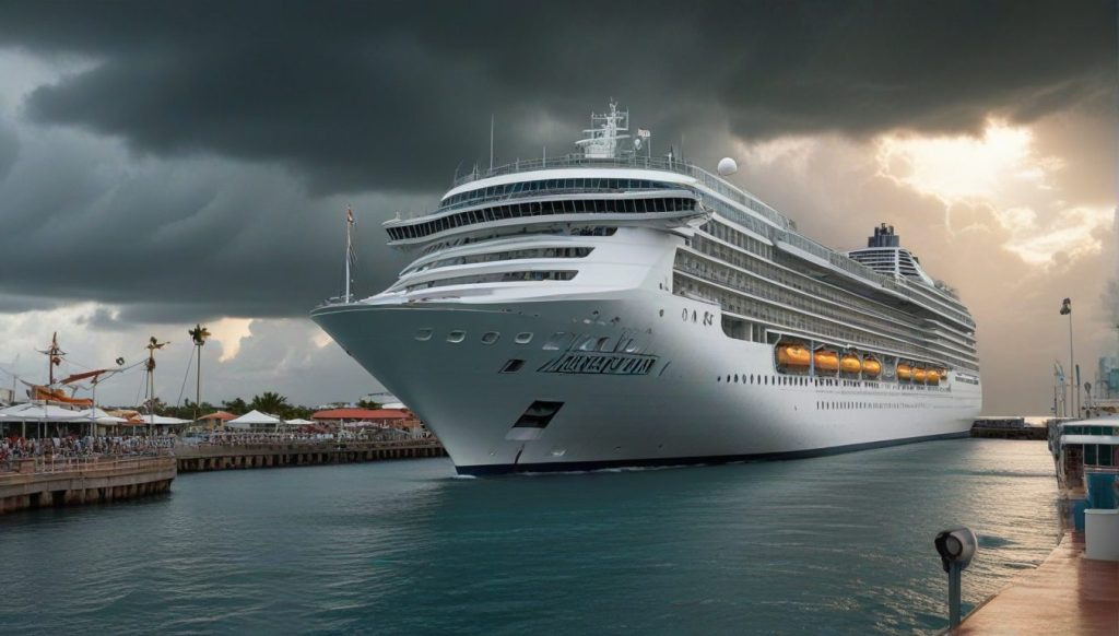 Photo-realistic image of cruise ship at port under partly cloudy skies and distant storm clouds