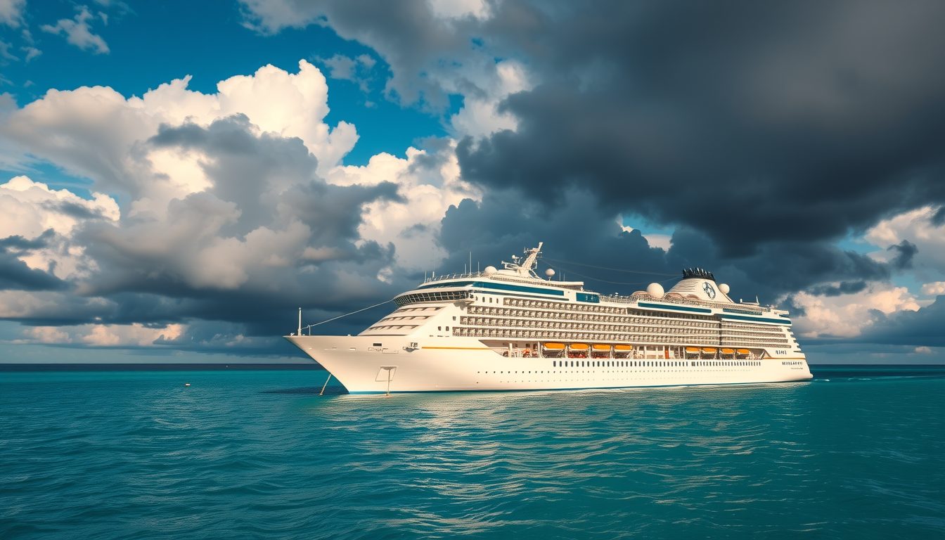 121 A modern cruise ship sailing on calm turquoise waters under a partly cloudy tropical sky with distan 342904456