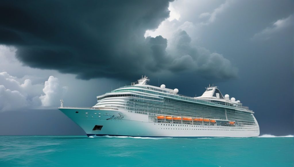 Safe cruising during hurricane season with calm ocean and storm clouds forming on horizon
