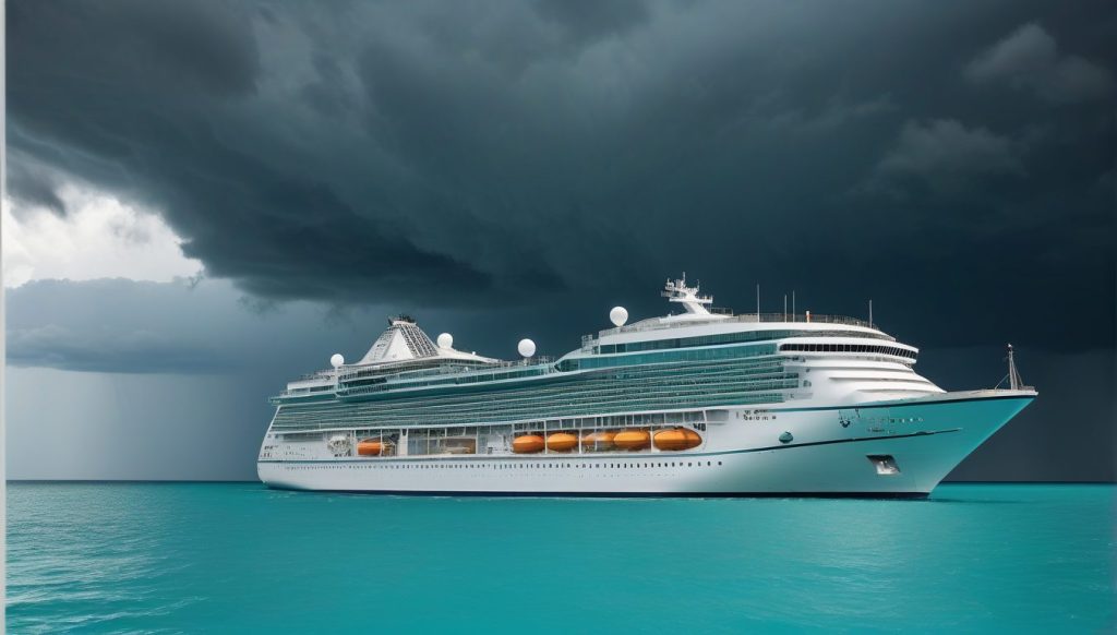 Cruise ship avoiding storms with calm seas and advanced monitoring systems