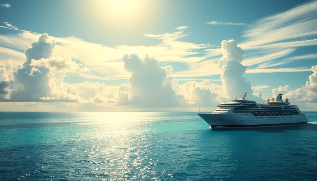 Safe cruising during hurricane season with calm ocean and storm clouds forming on horizon