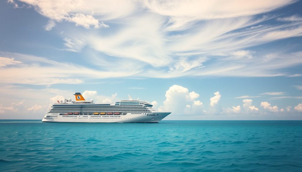 Cruise ship avoiding storms with calm seas and advanced monitoring systems
