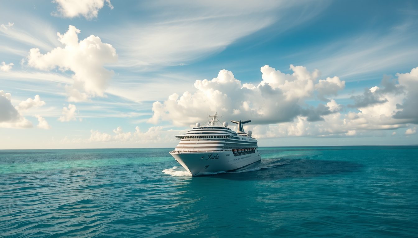 Cruise ship sailing safely during hurricane season with storm clouds ahead