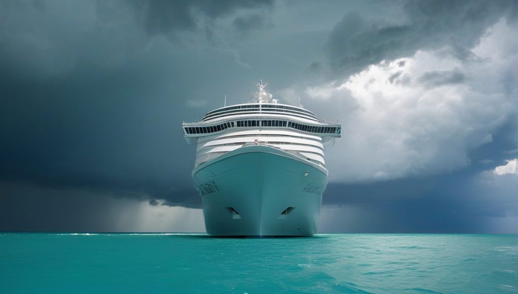 Safe cruising during hurricane season with calm ocean and storm clouds forming on horizon