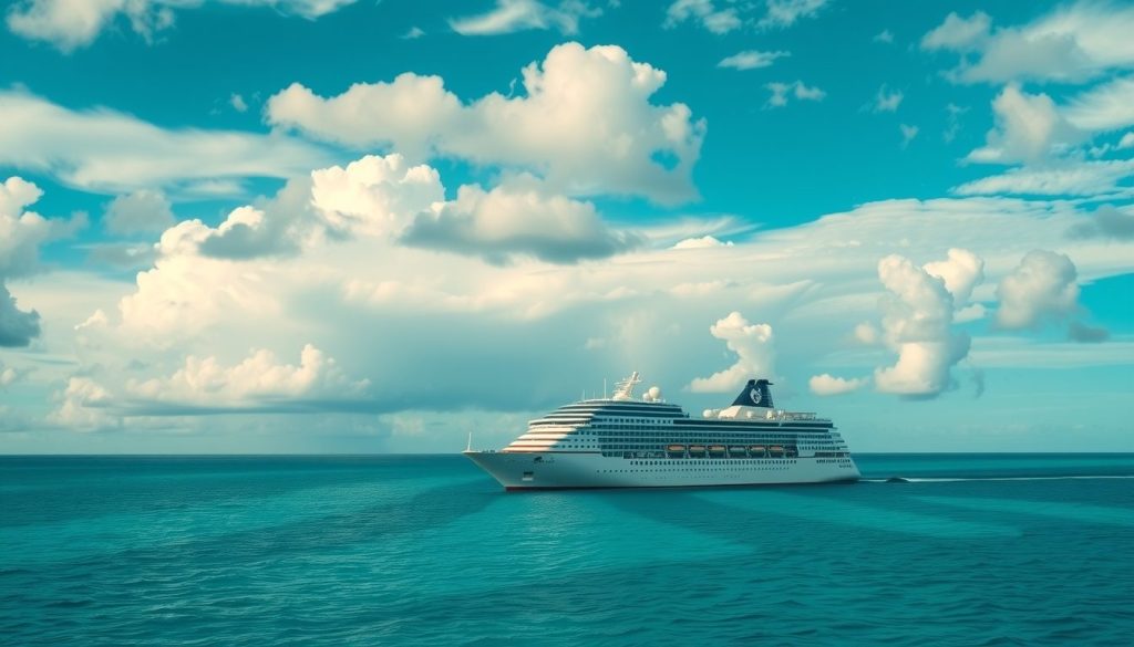 Cruise ship avoiding storms with calm seas and advanced monitoring systems