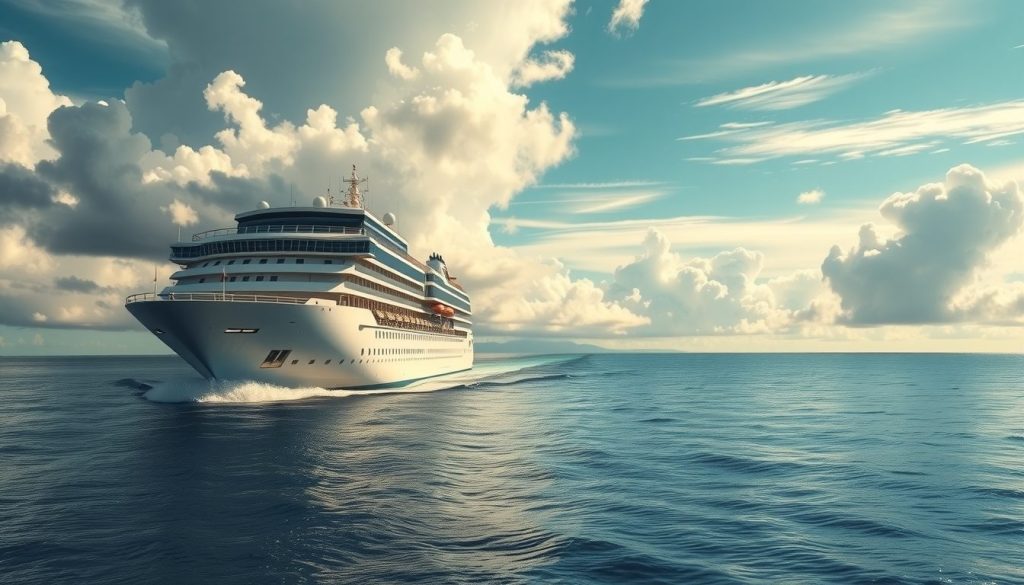 Cruise ship sailing calmly with storm clouds in the distance, symbolizing stability