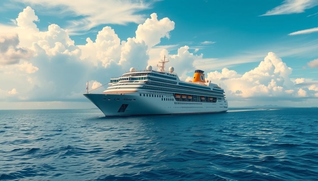 Cruise ship gliding smoothly through tropical waters despite storm threats