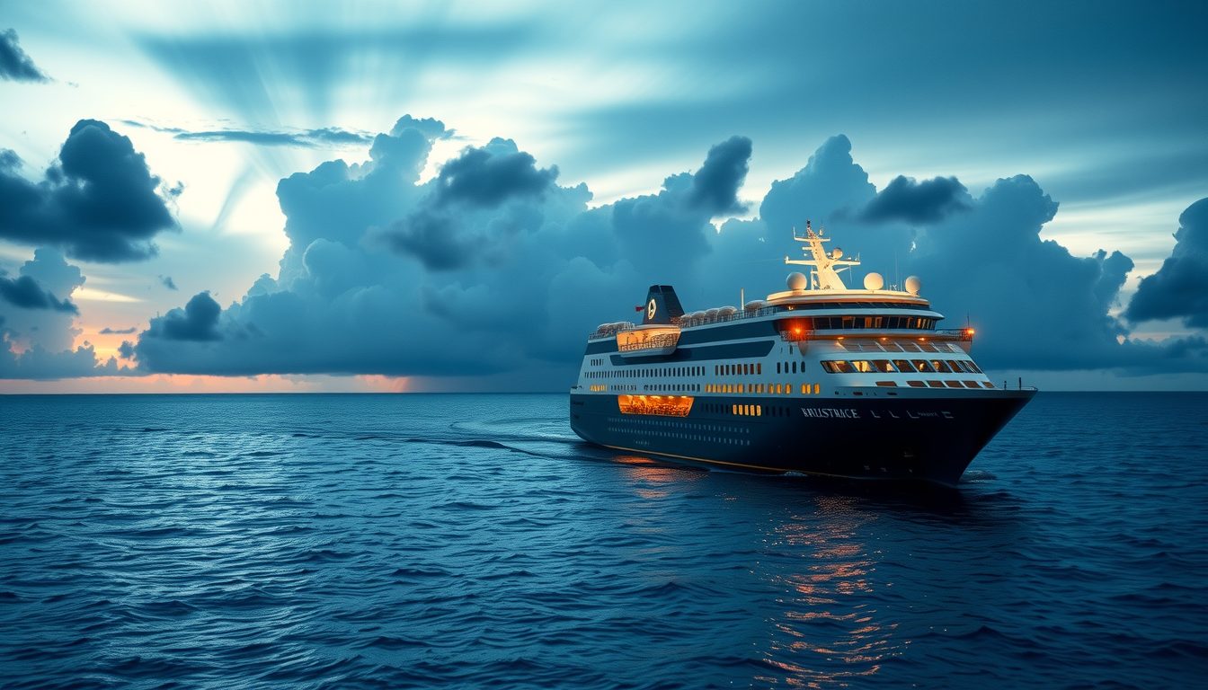 Cruise ship gliding through calm seas with storm clouds in the distance