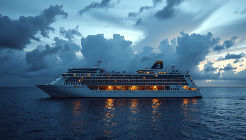 Ocean liner in turquoise waters with distant rain bands and glowing deck lights