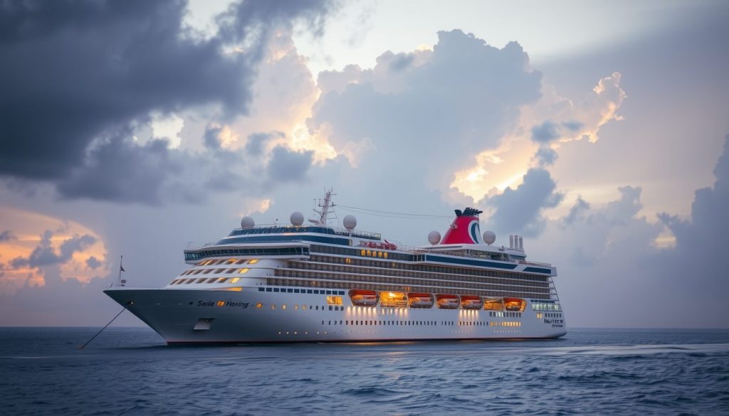 Cruise vessel navigating tropical seas as storm clouds gather far away
