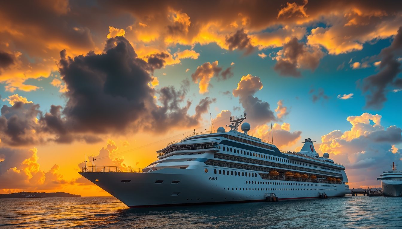 Large cruise ship at port with dark storm clouds forming overhead, representing the value of travel insurance for missed ports.