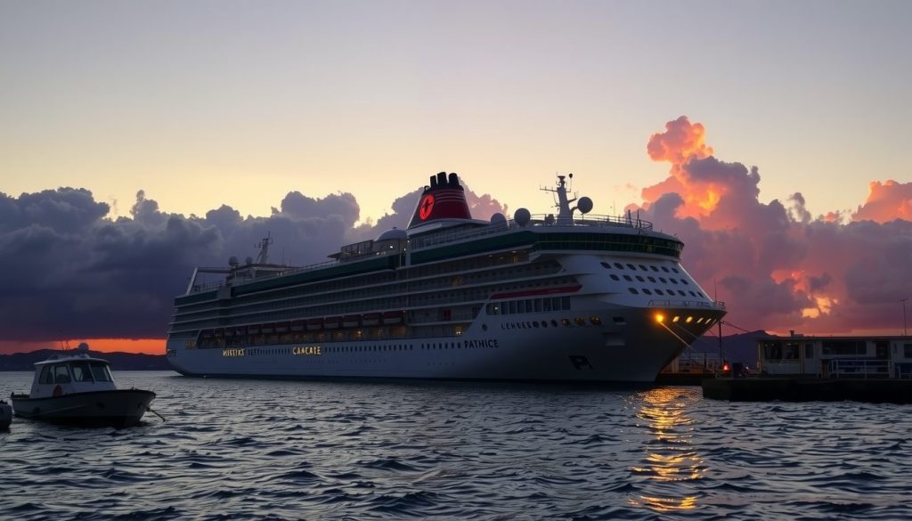 Large cruise ship at port with dark storm clouds forming overhead, representing the value of travel insurance for missed ports